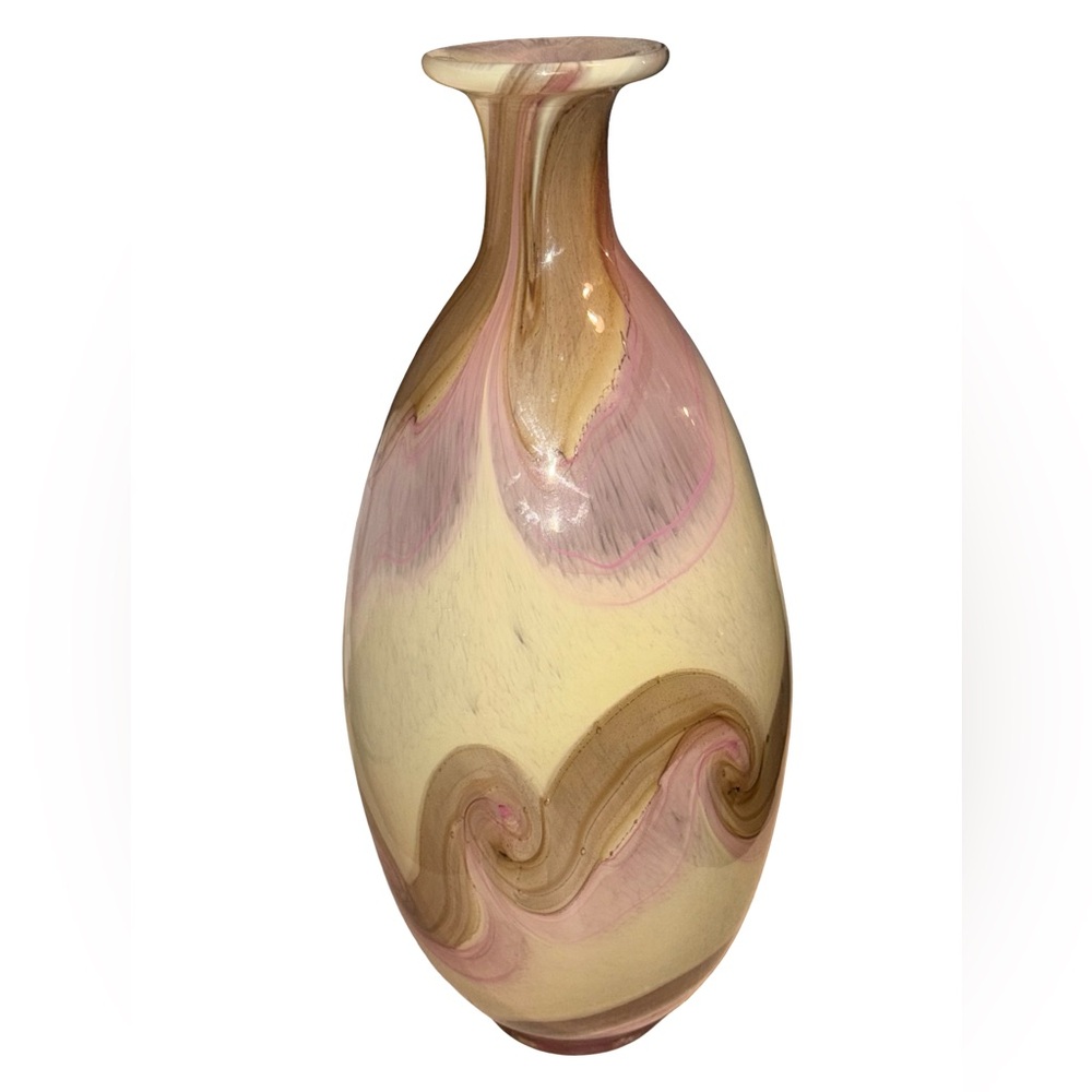 NWT Tozia Hand Blown Swirled Pink, Brown & Cream Tall One of a Kind 17” Vase